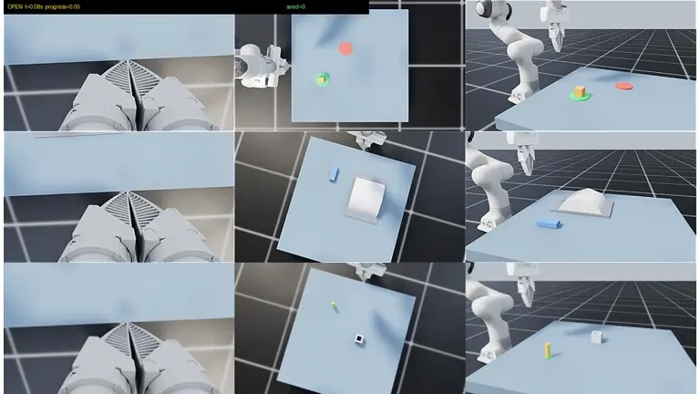 Top to bottom: pick-and-place, curved-surface wiping and insertion. Independent trials, 2× playback; shorter trials hold on their final frame.